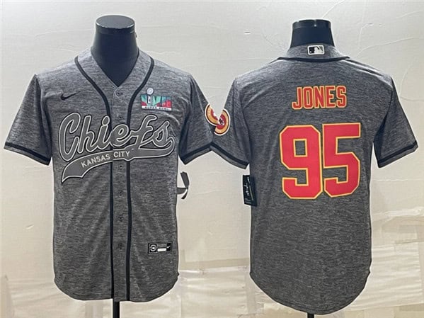 Kansas City Chiefs #95 Chris Jones Gray With Super Bowl LVII Patch Cool Base Stitched Jersey