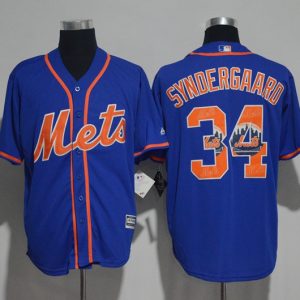 New York Mets #34 Noah Syndergaard Blue Team Logo Print Cool Base Stitched Jersey
