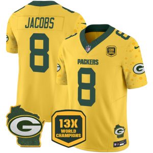 Green Bay Packers #8 Josh Jacobs Gold 2024 F.U.S.E. 13 Time World Champions And Home Patch Vapor Untouchable Limited Stitched Jersey