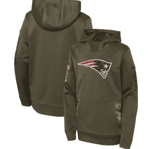 Youth New England Patriots 2022 Olive Salute To Service Therma Performance Pullover Hoodie