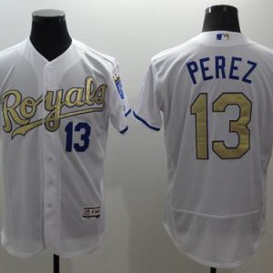 Royals #13 Salvador Perez White 2015 World Series Champions Gold Program FlexBase Authentic Stitched Jersey
