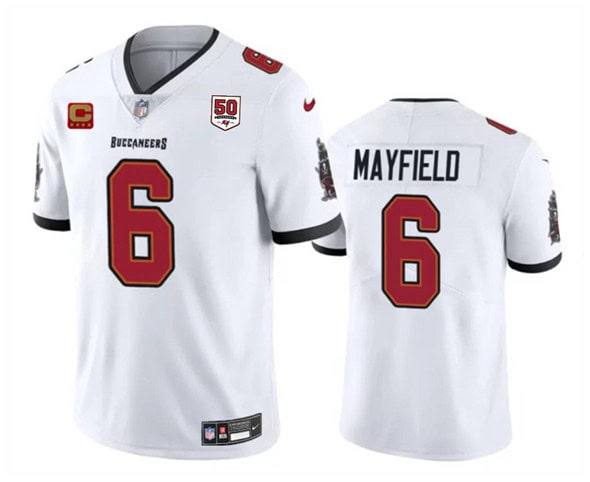 Tampa Bay Buccaneers #6 Baker Mayfield White 2025 50th Anniversary Patch And 4-Star C Patch Vapor Untouchable Limited Football Stitched Jersey