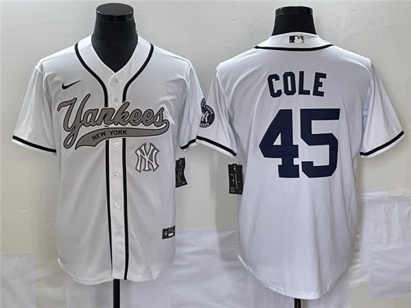 New York Yankees #45 Gerrit Cole White With Patch Cool Base Stitched Jersey