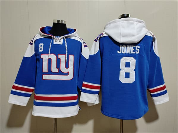 New York Giants #8 Daniel Jones Blue Ageless Must-Have Lace-Up Pullover Hoodie