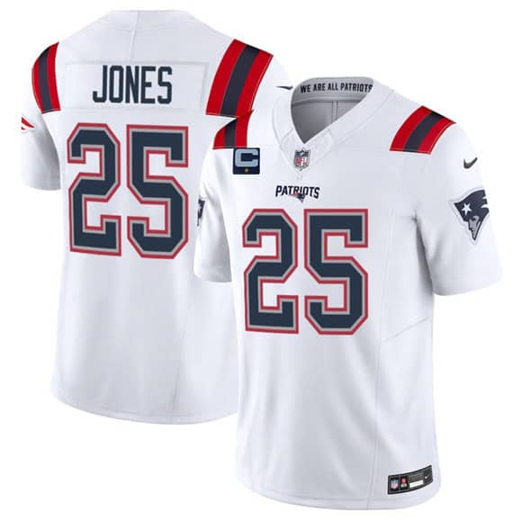 New England Patriots #25 Marcus Jones White 2025 F.U.S.E. With 1-Star C Patch Vapor Limited Stitched Jersey
