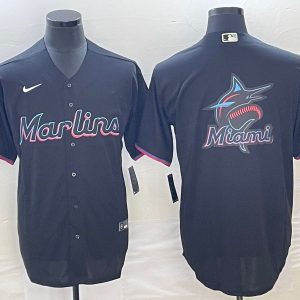 Miami Marlins Black Team Big Logo Cool Base Stitched Jersey