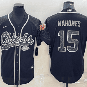Kansas City Chiefs #15 Patrick Mahomes Black Reflective With Patch Cool Base Stitched Baseball Jersey