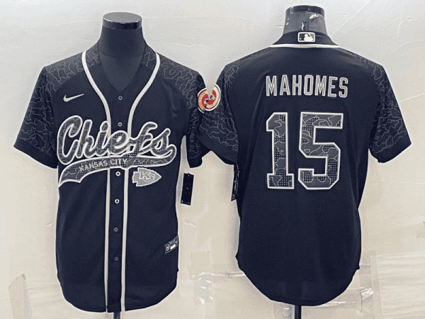 Kansas City Chiefs #15 Patrick Mahomes Black Reflective With Patch Cool Base Stitched Baseball Jersey