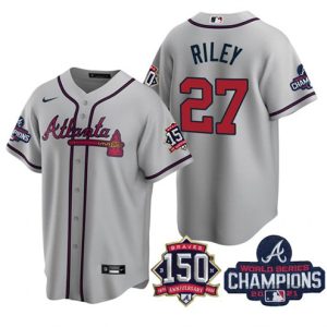Atlanta Braves #27 Austin Riley 2021 Grey World Series Champions With 150th Anniversary Patch Cool Base Stitched Jersey