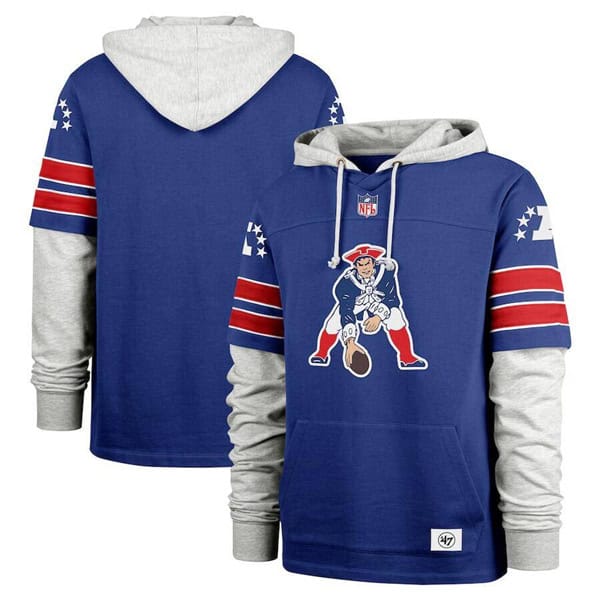 New England Patriots Royal '47 Double Header Blitz Throwback Cornerback Pullover Hoodie