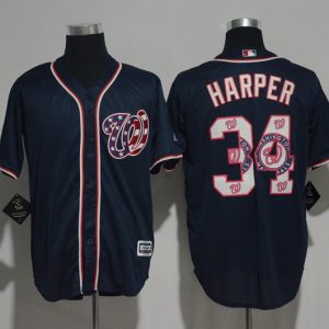 Washington Nationals #34 Bryce Harper Navy Team Logo Print Cool Base Stitched Jersey