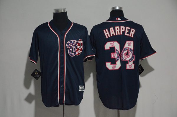 Washington Nationals #34 Bryce Harper Navy Team Logo Print Cool Base Stitched Jersey