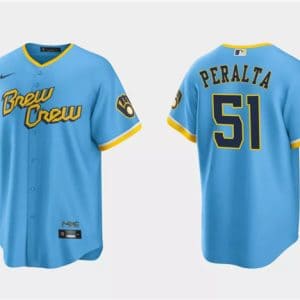 Milwaukee Brewers #51 Freddy Peralta Powder Blue City Connect Cool Base Stitched Jersey