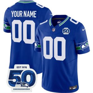 Seattle Seahawks Custom Royal 2025 F.U.S.E 50th Anniversary Patch Throwback Vapor Limited Stitched Jersey