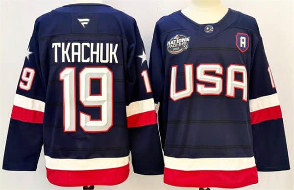 USA #19 Matthew Tkachuk Navy 2025 With A Patch 4 Nations Face-Off Stitched Jersey
