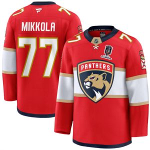 Florida Panthers #77 Niko Mikkola Red Home 2025 Stanley Cup Champions Patch Stitched Jersey