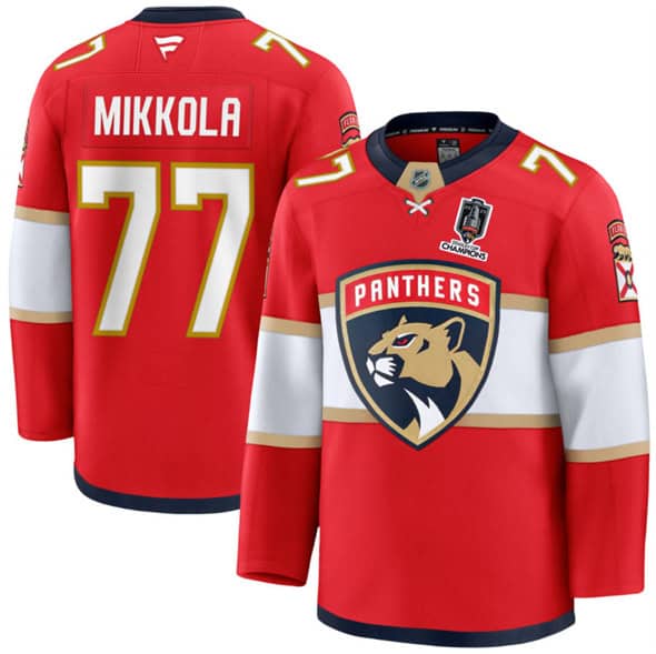 Florida Panthers #77 Niko Mikkola Red Home 2025 Stanley Cup Champions Patch Stitched Jersey