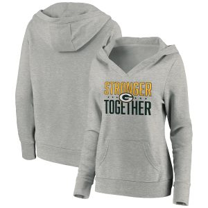Green Bay Packers Heather Gray Stronger Together Crossover Neck Pullover Hoodie(Run Small)
