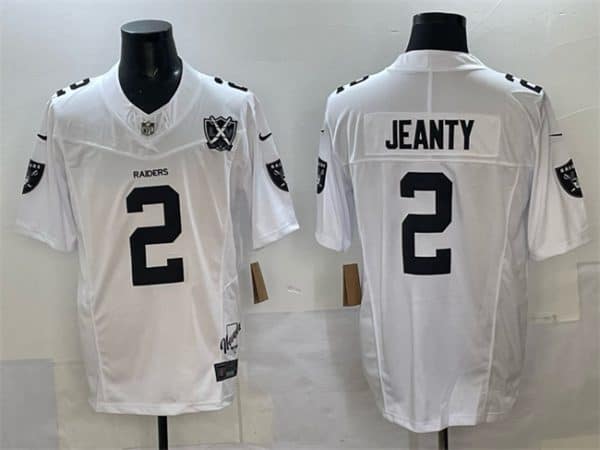 Las Vegas Raiders #2 Ashton Jeanty White 2025 Draft F.U.S.E. With Nevada Silver Stat Patch And 65th Anniversary Patch Stitched Football Jersey