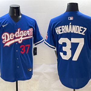 Los Angeles Dodgers #37 Teoscar Hern¨¢ndez Royal With American Flag Patch Limited Stitched Jersey