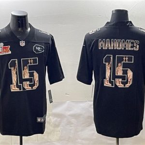 Kansas City Chiefs #15 Patrick Mahomes Black 2025 Super Bowl LIX Patch Statue Of Liberty Vapor Limited Stitched Jersey