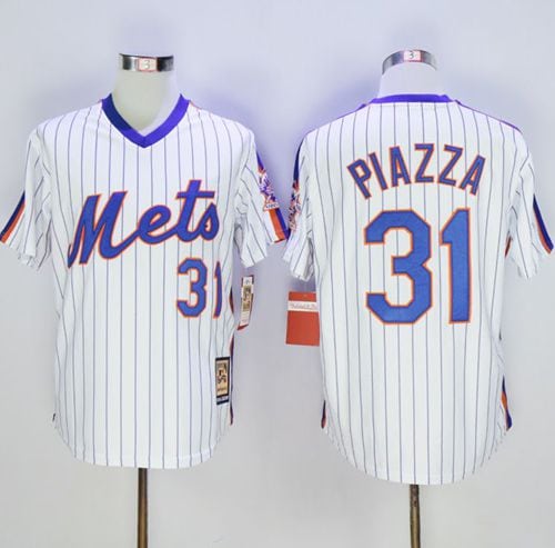 Mitchell And Ness Mets #31 Mike Piazza White(Blue Strip) Throwback Stitched Jersey