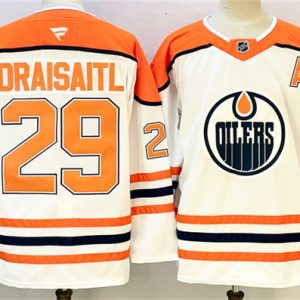 Edmonton Oilers #29 Leon Draisaitl White Orange 2024-25 With A Patch Stitched Jersey