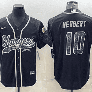Los Angeles Chargers #10 Justin Herbert Black Reflective With Patch Cool Base Stitched Baseball Jersey