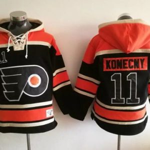 Flyers #11 Travis Konecny Black Sawyer Hooded Sweatshirt Stitched Jersey