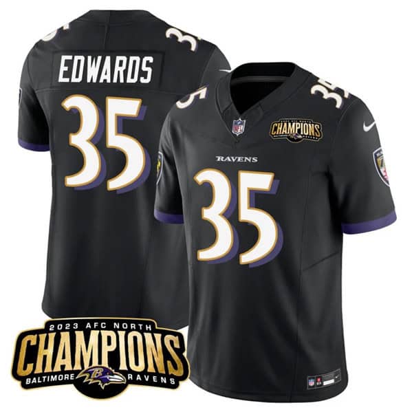 Baltimore Ravens #35 Gus Edwards Black 2023 F.U.S.E. AFC North Champions Vapor Limited Stitched Jersey