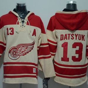 Red Wings #13 Pavel Datsyuk Cream Sawyer Hooded Sweatshirt Stitched Jersey