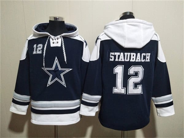 Dallas Cowboys #12 Roger Staubach Navy Ageless Must-Have Lace-Up Pullover Hoodie