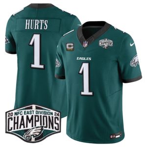 Philadelphia Eagles #1 Jalen Hurts Green 2024 New NFC East Champions With 3-Star C Patch F.U.S.E. Vapor Untouchable Limited Stitched Jersey