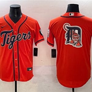 Detroit Tigers Team Big Logo Orange With Patch Cool Base Stitched Jersey