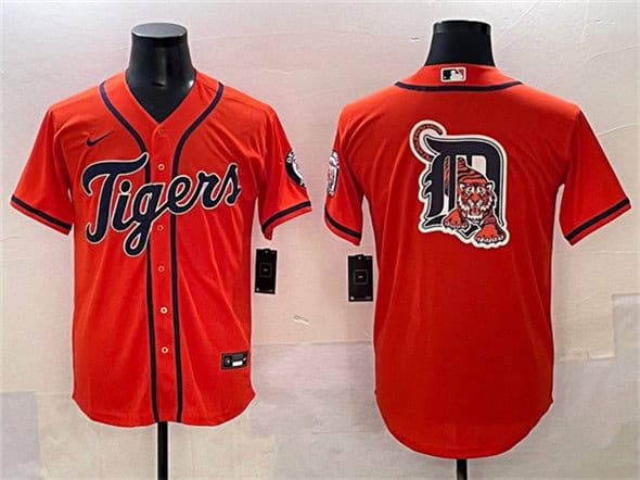 Detroit Tigers Team Big Logo Orange With Patch Cool Base Stitched Jersey
