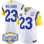 Los Angeles Rams #23 Kyren Williams White 2024 NFC West Champions With 4-Star C Patch F.U.S.E. Vapor Untouchable Stitched Jersey