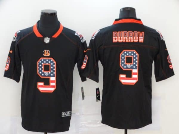 Cincinnati Bengals #9 Joe Burrow Black USA Flag Fashion Limited Stitched Jersey
