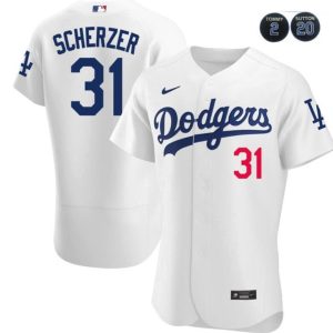 Los Angeles Dodgers #31 Max Scherzer White #2 #20 Patch Flex Base Stitched Baseball Jersey