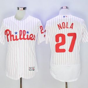 Phillies #27 Aaron Nola White(Red Strip) Flexbase Authentic Collection Stitched Jersey