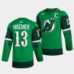 New Jersey Devils #13 Nico Hischier Green Warm-Up St Patricks Day Stitched Jersey