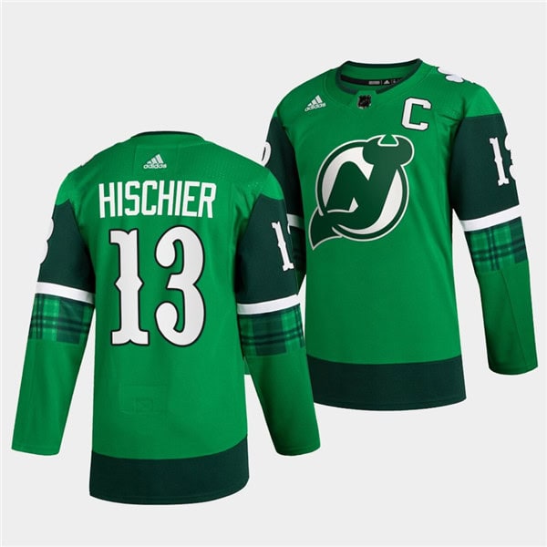 New Jersey Devils #13 Nico Hischier Green Warm-Up St Patricks Day Stitched Jersey