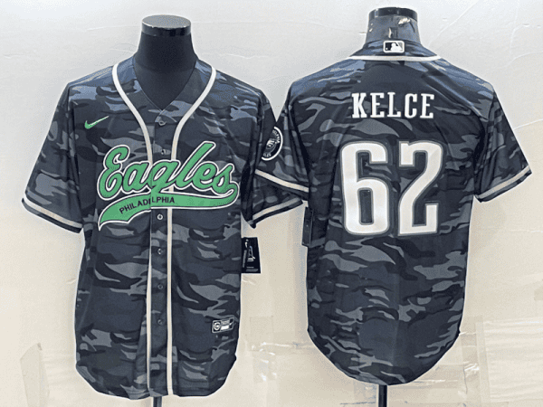 Philadelphia Eagles #62 Jason Kelce Grey Camo With Patch Cool Base Stitched Baseball Jersey