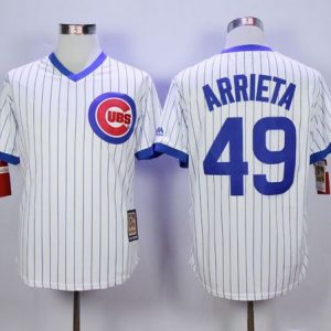 Cubs #49 Jake Arrieta White Strip Home Cooperstown Stitched Jersey