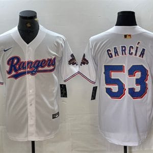 Texas Rangers #53 Adolis Garc¨ªa White Gold Cool Base Stitched Jersey