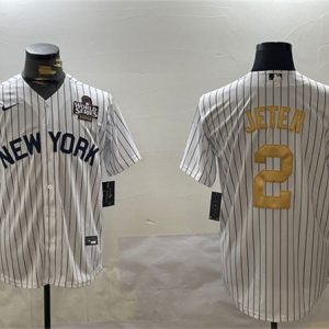 New York Yankees #2 Derek Jeter White Gold 2024 World Series Cool Base Stitched Jersey