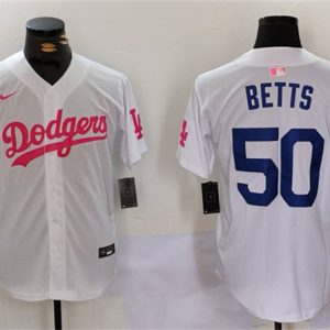 Los Angeles Dodgers #50 Mookie Betts White Pink Vin Kobe Patch Stitched Jersey