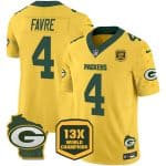 Green Bay Packers #4 Brett Favre Gold 2024 F.U.S.E. 13 Time World Champions And Home Patch Vapor Untouchable Limited Stitched Jersey