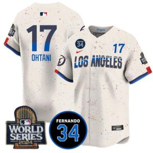 Los Angeles Dodgers #17 Shohei Ohtani Cream 2024 World Series With Fernando Memorial Patch City Connect Limited Stitched Jersey