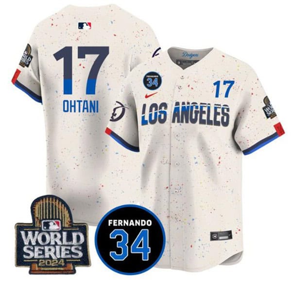 Los Angeles Dodgers #17 Shohei Ohtani Cream 2024 World Series With Fernando Memorial Patch City Connect Limited Stitched Jersey