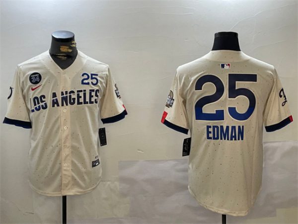 Los Angeles Dodgers #25 Tommy Edman Cream 2024 World Series With Fernando Memorial Patch City Connect Limited Stitched Jersey